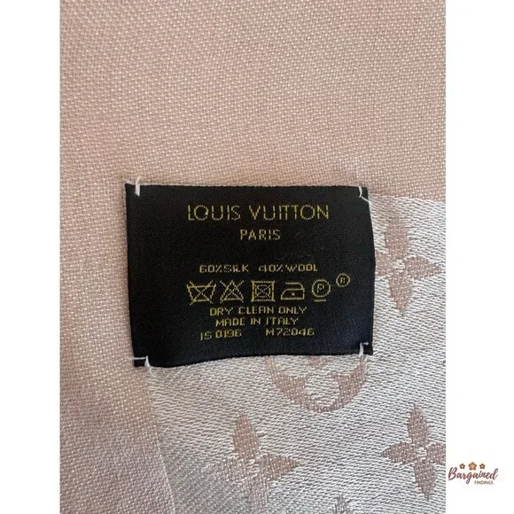 Authentic Louis Vuitton Pink/Beige Silk Wool Monogram Shawl Scarf 55x55 - M72046 - Picture 8 of 8